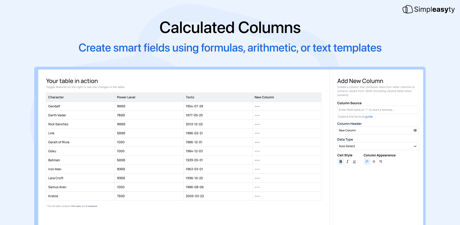 Screenshot showing how users can paste add new column to the table. Also the results of the table shows in the left side of the image.