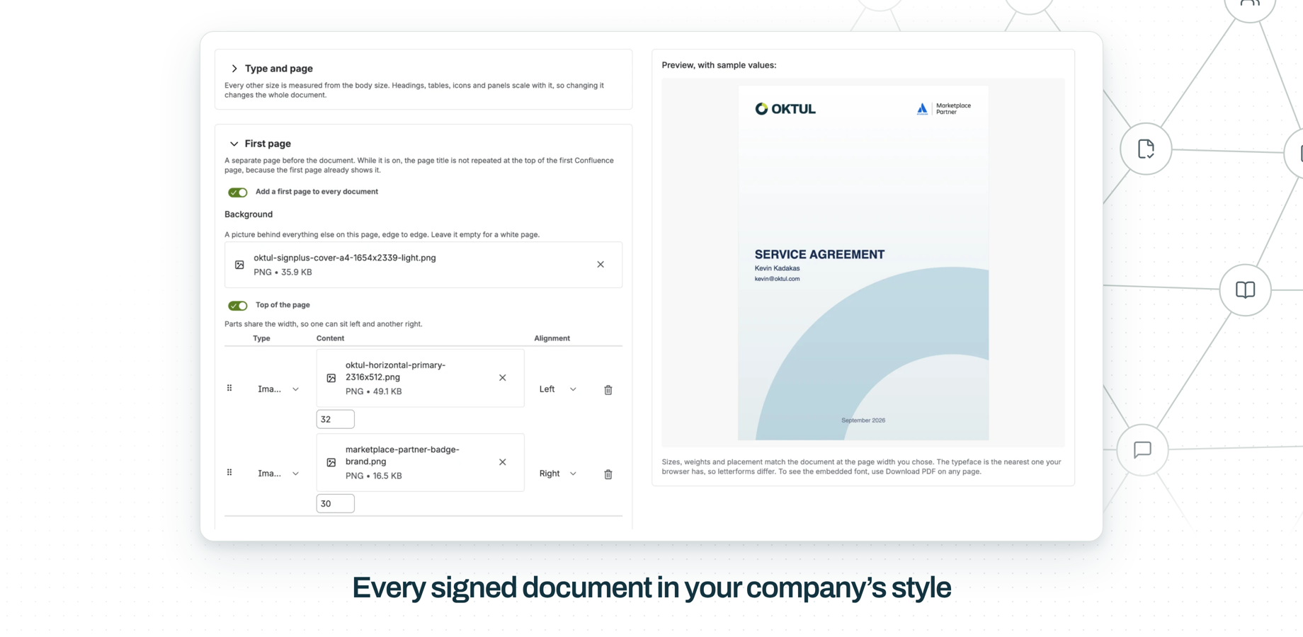 Export styling: a first page with a background picture, a logo on the left and a badge on the right, beside a preview of the cover with the document title, the signer and the date.