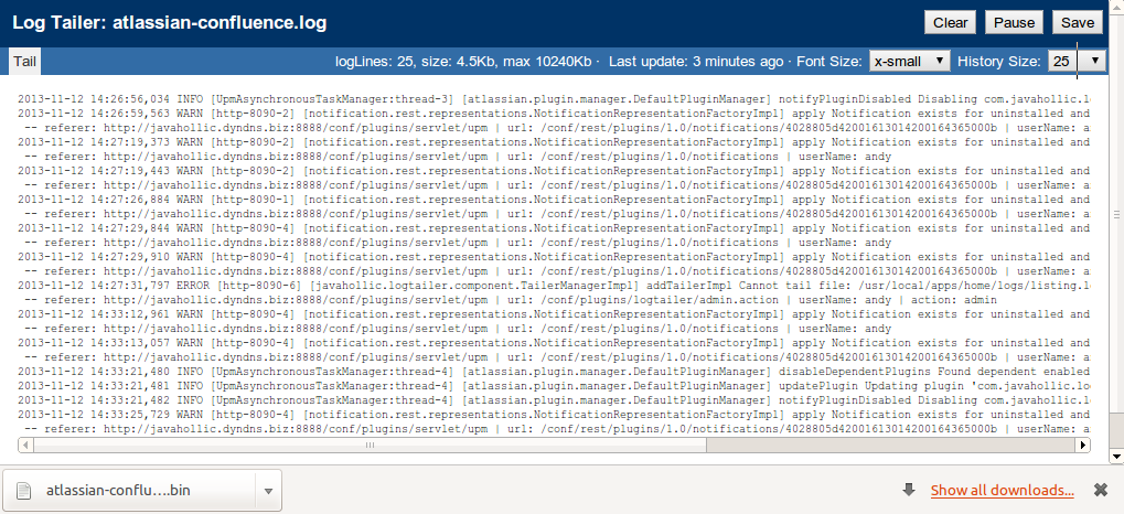 Shows the save button being used (webkit browsers) to download the local log content to a file.