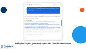 Timepiece AI Assistant turning a plain English request into a ready-to-open Cycle Time report link in Jira, measuring In Progress to Done while excluding On Hold time.