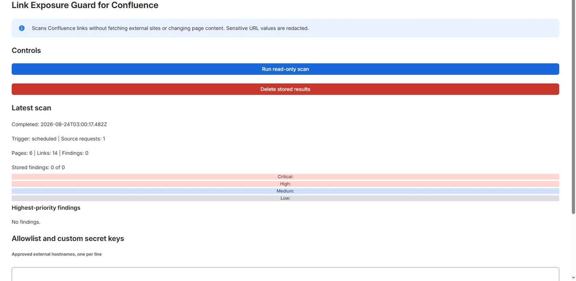 Latest bounded scan summary and highest-priority redacted findings