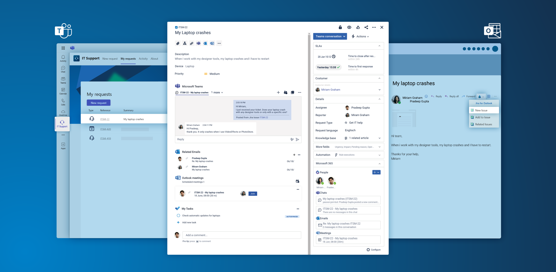 Bundle incoming tickets from Outlook or Microsoft Teams in Jira. Open Teams chats within the request or schedule meetings. Add your JSM portal to Teams, receive chat notifications in Microsoft Teams.