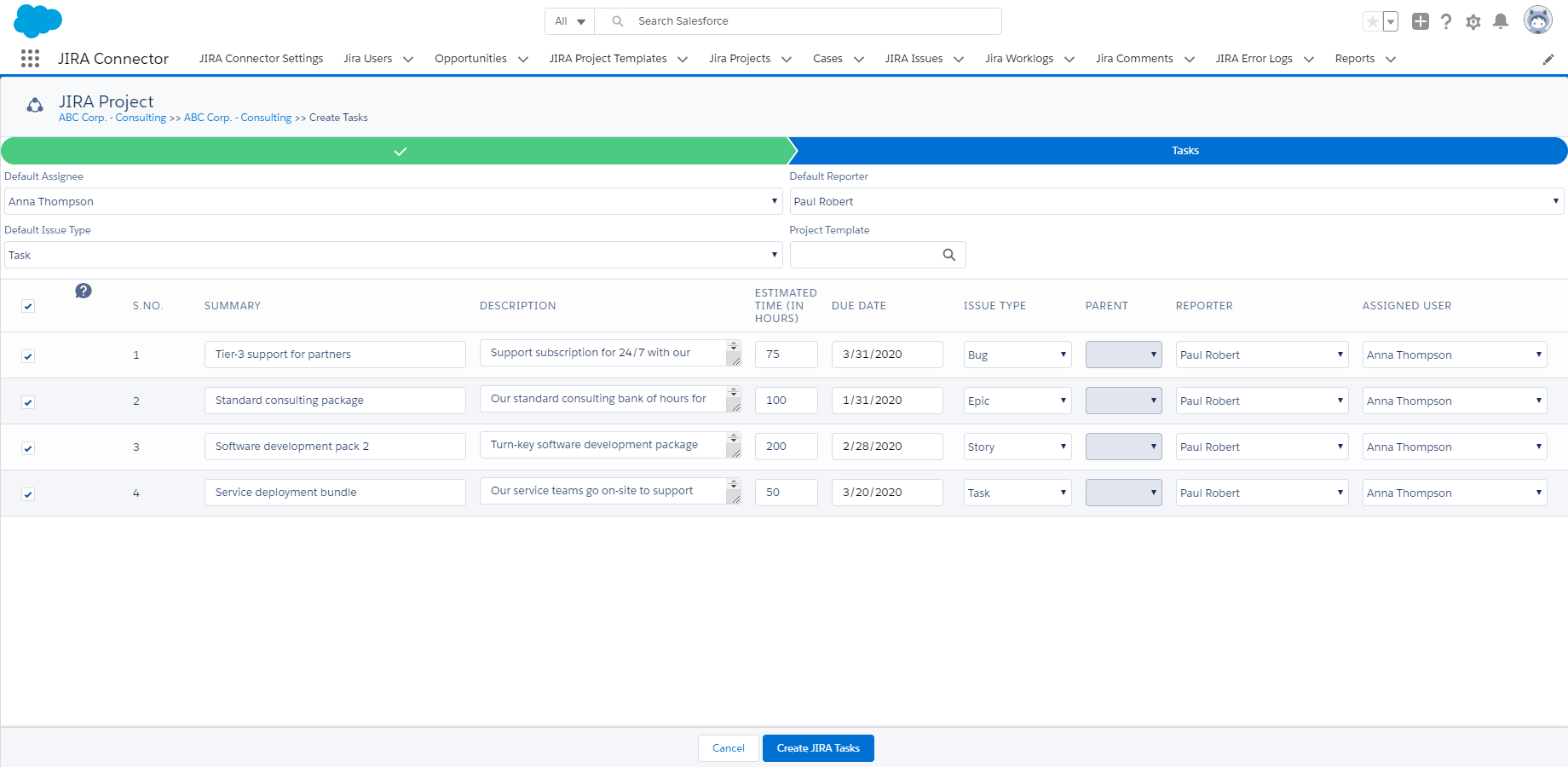 Opportunity line items become Jira Issues under the Project, with the assignee, reporter, estimated date, estimated hours, and more.
