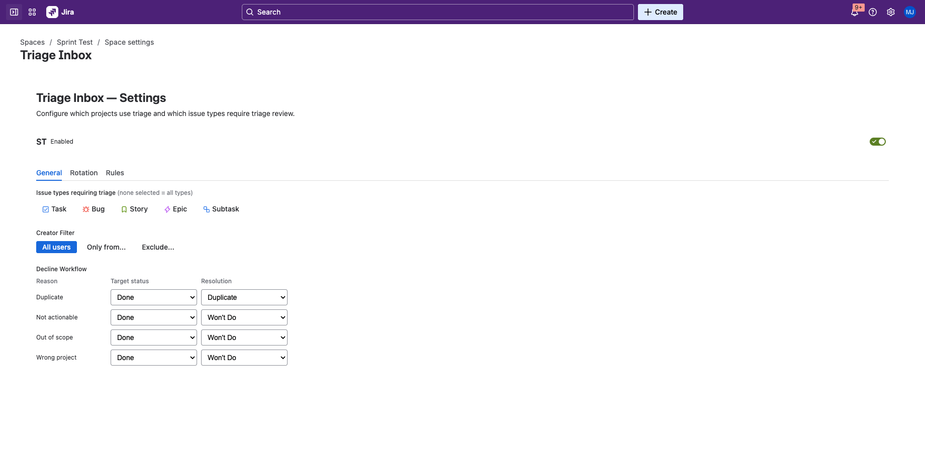 General settings tab with creator filter, issue type selection, and decline workflow configuration