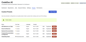 Save frequently used documentation scenarios as presets. Define output formats and documentation styles once – then generate docs with a single click, eliminating repetitive setup.