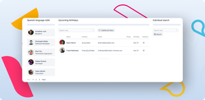 The People Search & List Macro contains filters built upon searchable profile fields. You need only a few clicks to find all colleagues with a particular skill or speaking a particular language.