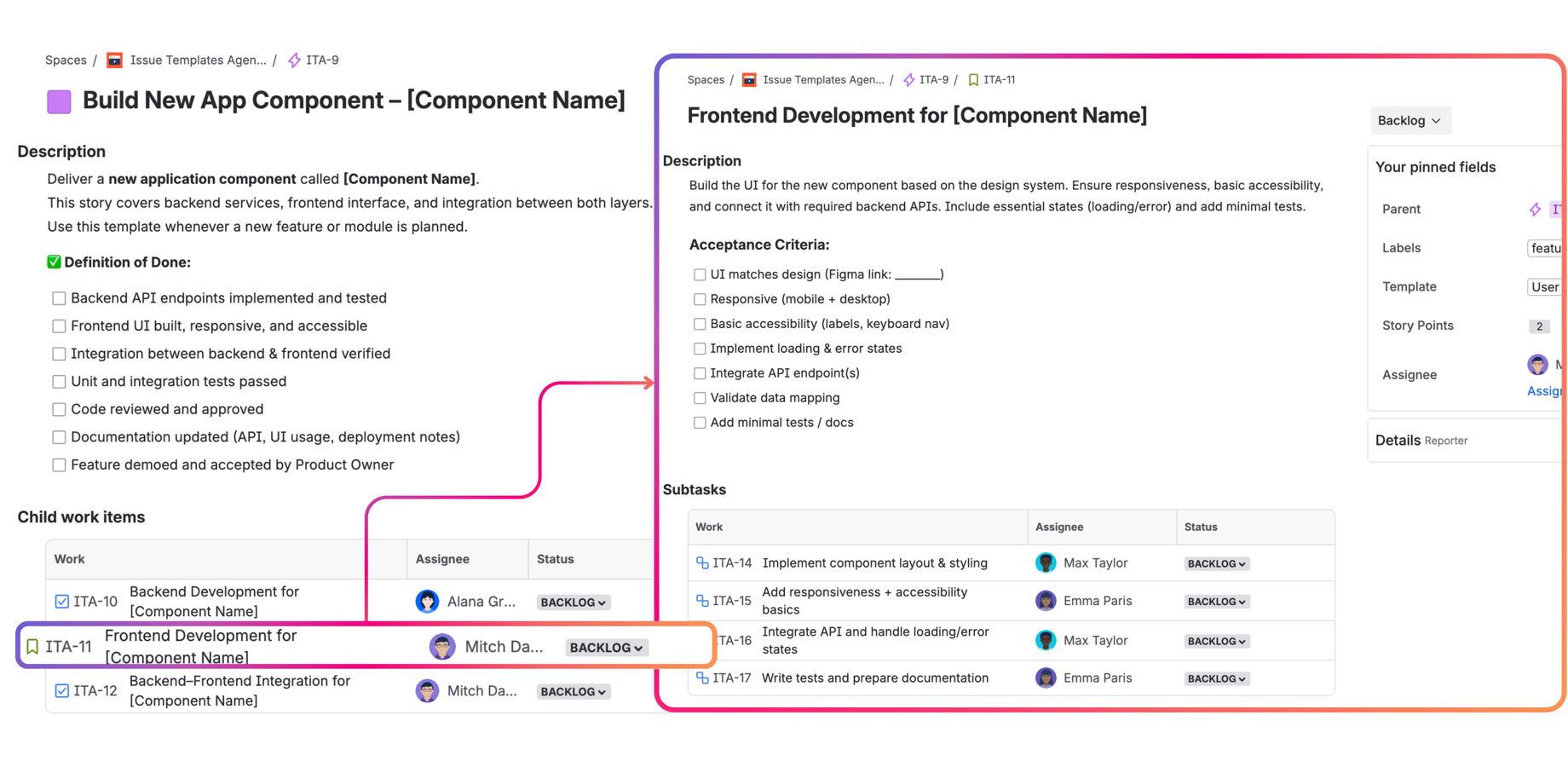 Master complex workflows. Use Issue Templates for Jira to auto-generate child items and checklists, ensuring a consistent Definition of Done for every task.