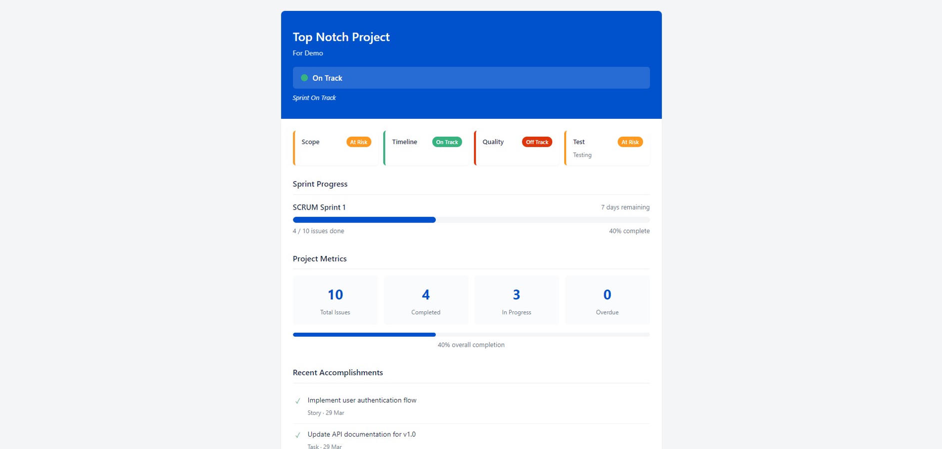 Public stakeholder view — clean, branded project dashboard accessible via magic link without login
