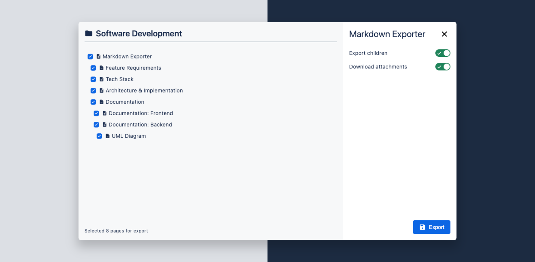 Select full space, single pages or child pages to be exported to markdown