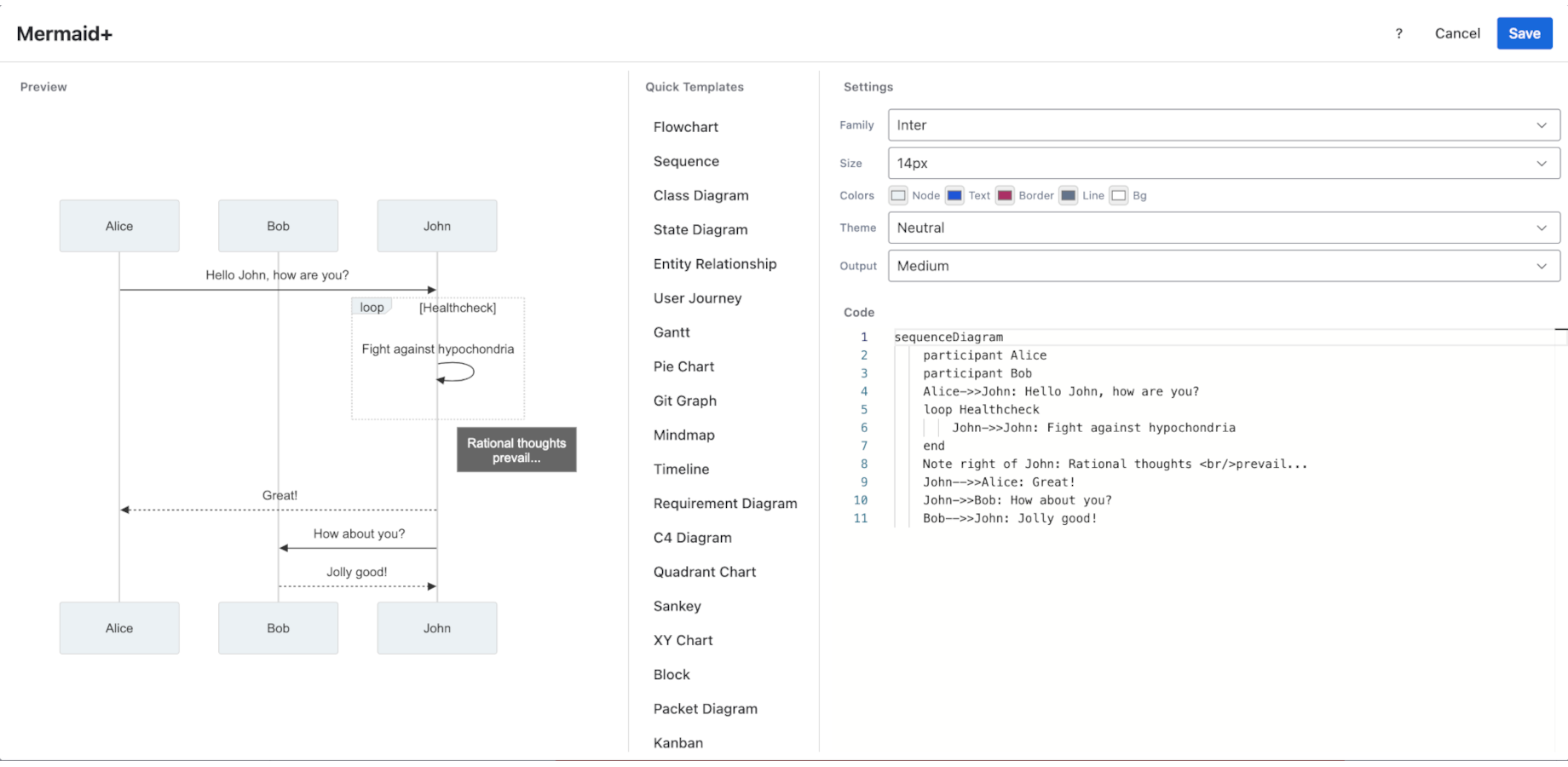 Flowchart, Sequence, Class, State, ER, User Journey, Gantt, Pie, Git Graph, Mindmap, Timeline, Requirement, C4, Quadrant, Sankey, XY, Block, Packet, Kanban, Architecture, Radar,TreeView, Treemap, Ishikawa, Venn, ZenUML.