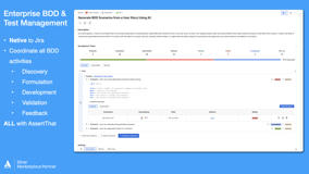 AssertThat plugin in Jira enables efficient BDD & Test Management. It supports all BDD stages: Discovery, Formulation, Development, Validation, Feedback, natively within Jira, optimizing workflow management.