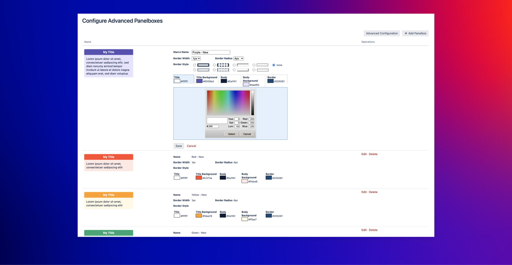Confluence administrators can configure a range of Panelboxes in the app configuration, defining design elements to ensure a consistent look for all users.