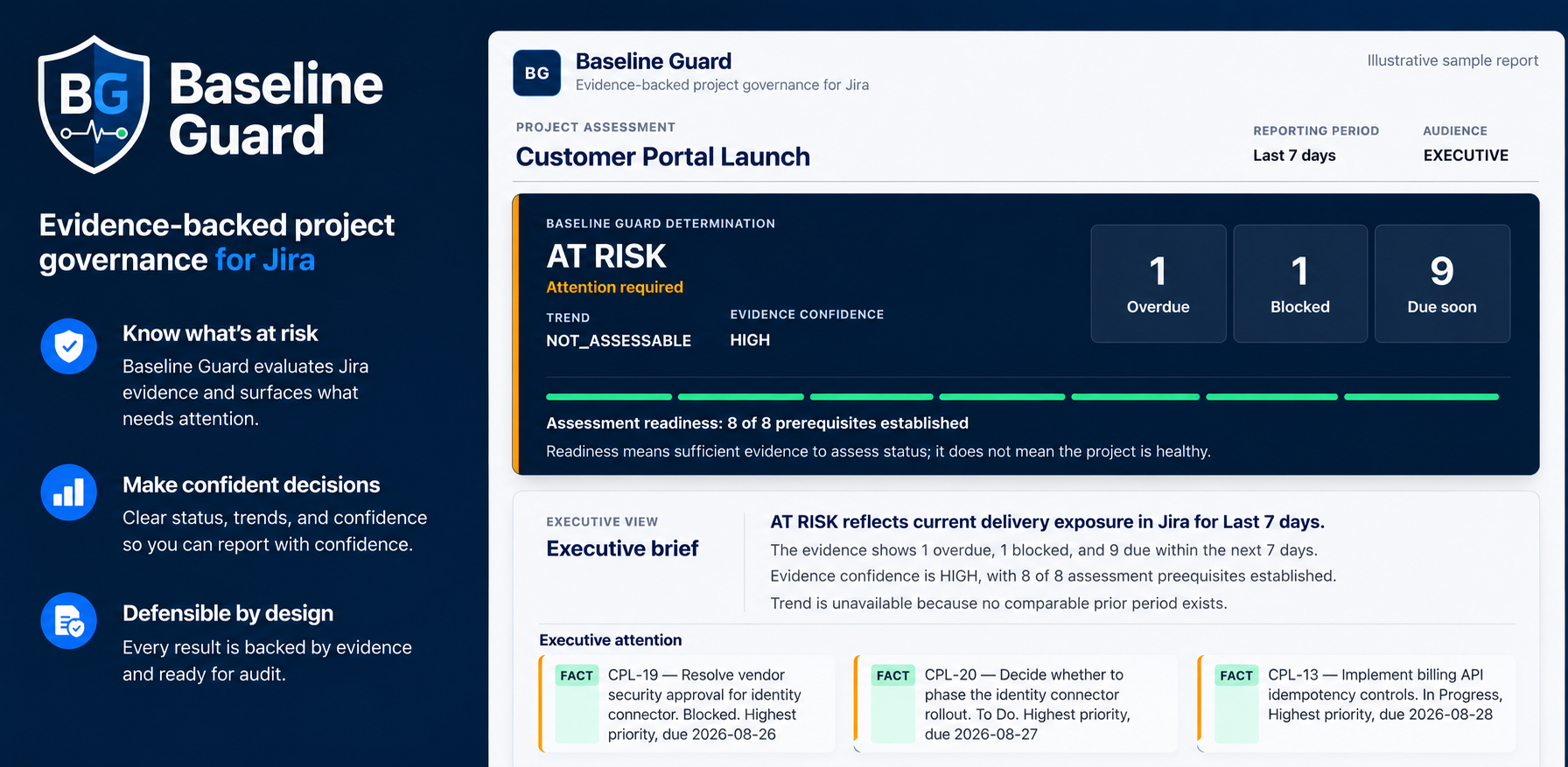 See the Jira evidence behind the assessment, what's established or missing, and why Baseline Guard reached its determination.