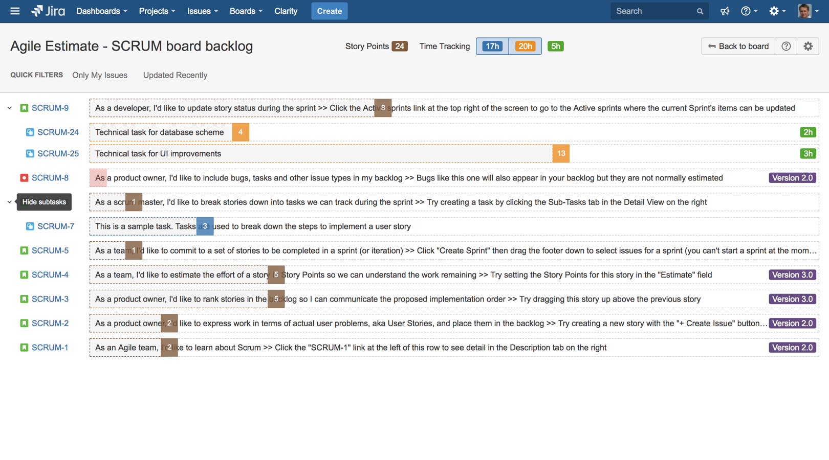Combined estimation mode with Points for Stories and Hours for sub-tasks.