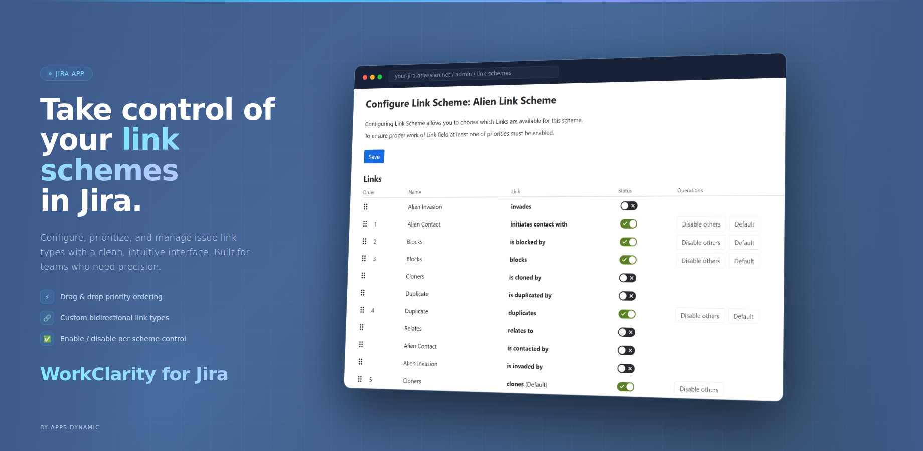 Configure allowed link types using Link Schemes and assign them to spaces and work types for full control over relationships.