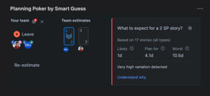 Historical data flags unreliable estimates during Planning Poker. These 2-point stories vary wildly (1d–10.5d). Click 'Understand why' to see patterns—then AI suggests how to improve. From insight to action, guided.