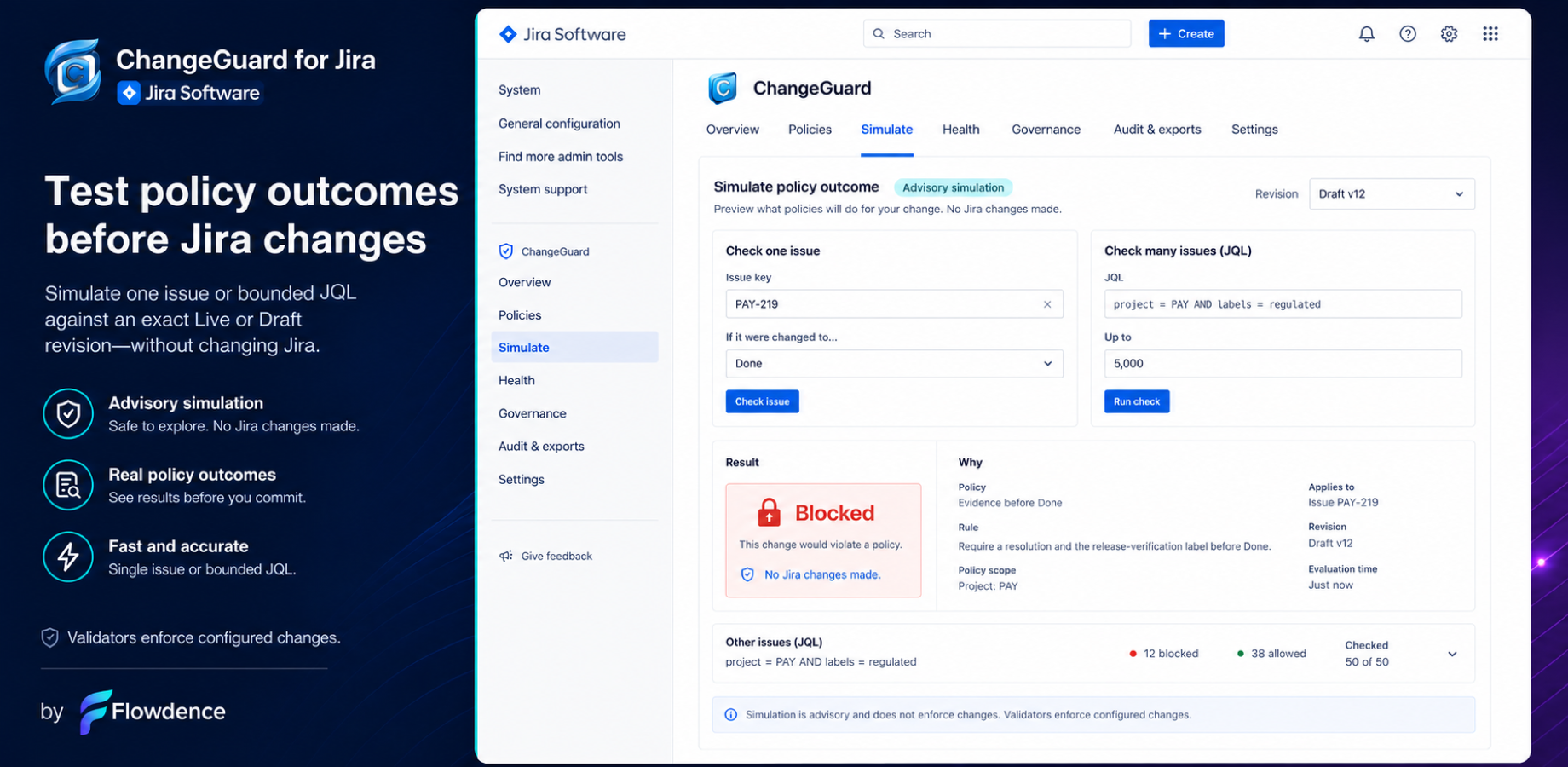 Preview fictional PAY-219 against Draft v12: resolution and the release-verification label are required before Done. Simulation leaves Jira unchanged.