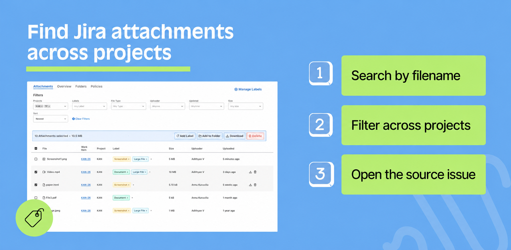 Attachment search across tracked Jira projects, with filename and metadata filters and links to the source work items.