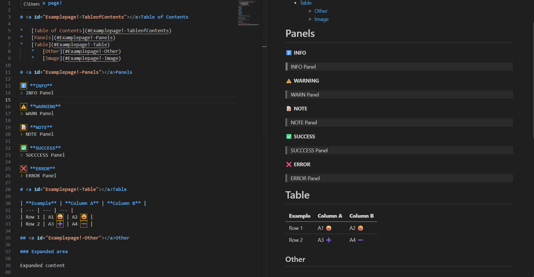Side-by-side view of exported MD code and visualization featuring headers, emojis, tables and more.