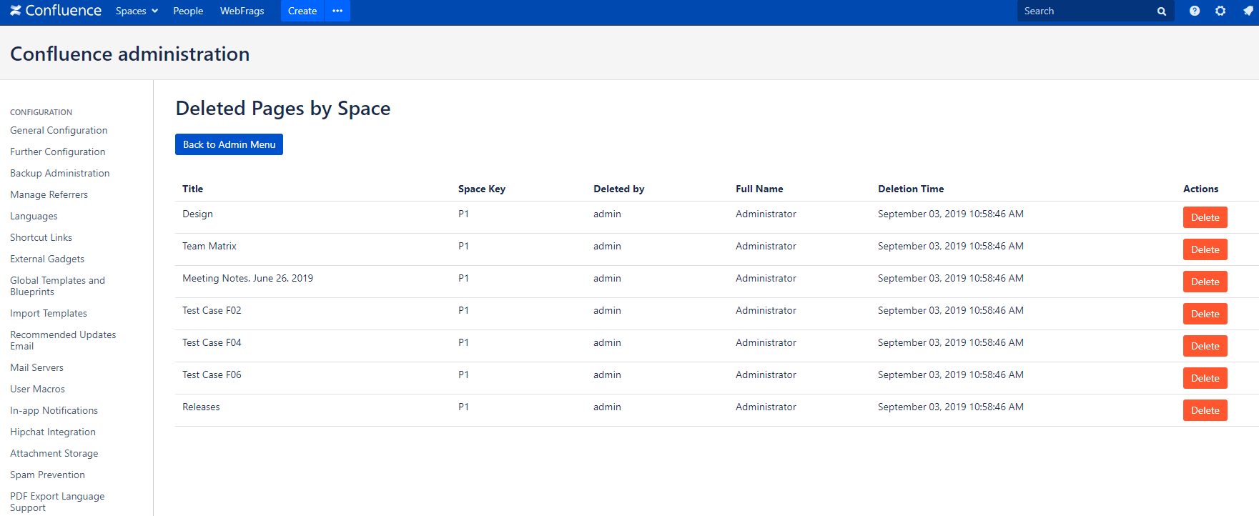 View deleted pages information by space