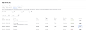 Track every script run across your Jira instance. Filter by script, user, trigger type, or status. See execution duration, issue context, and detailed results for compliance