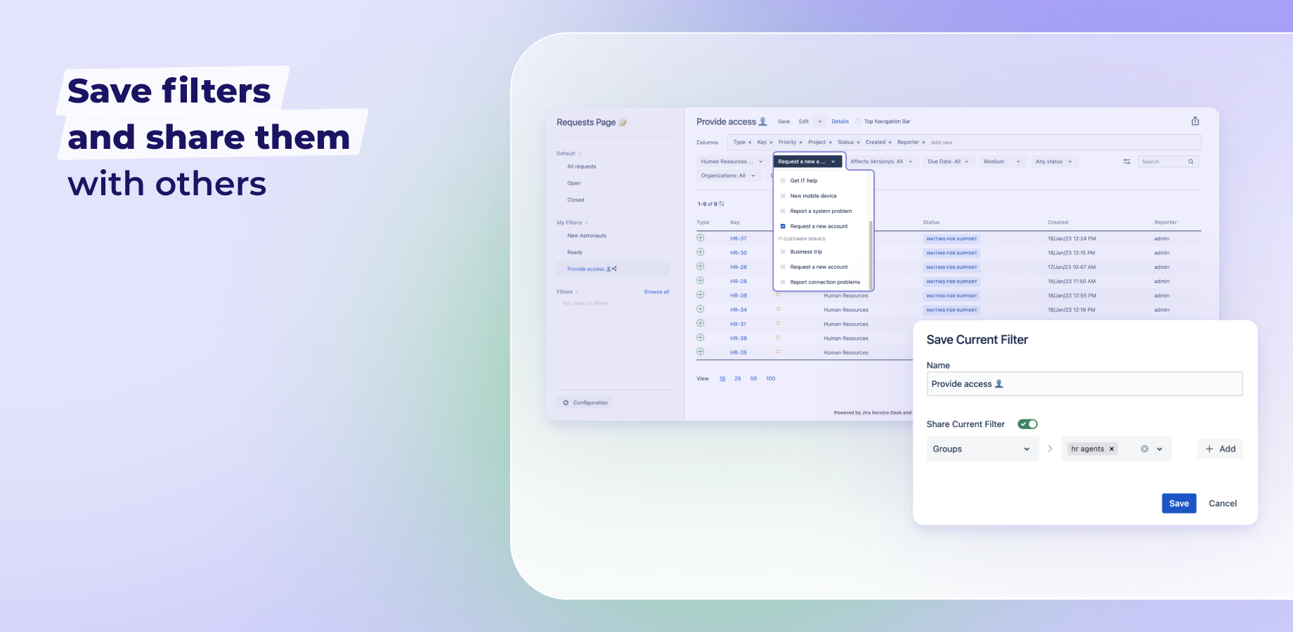 Save filters and share them with others