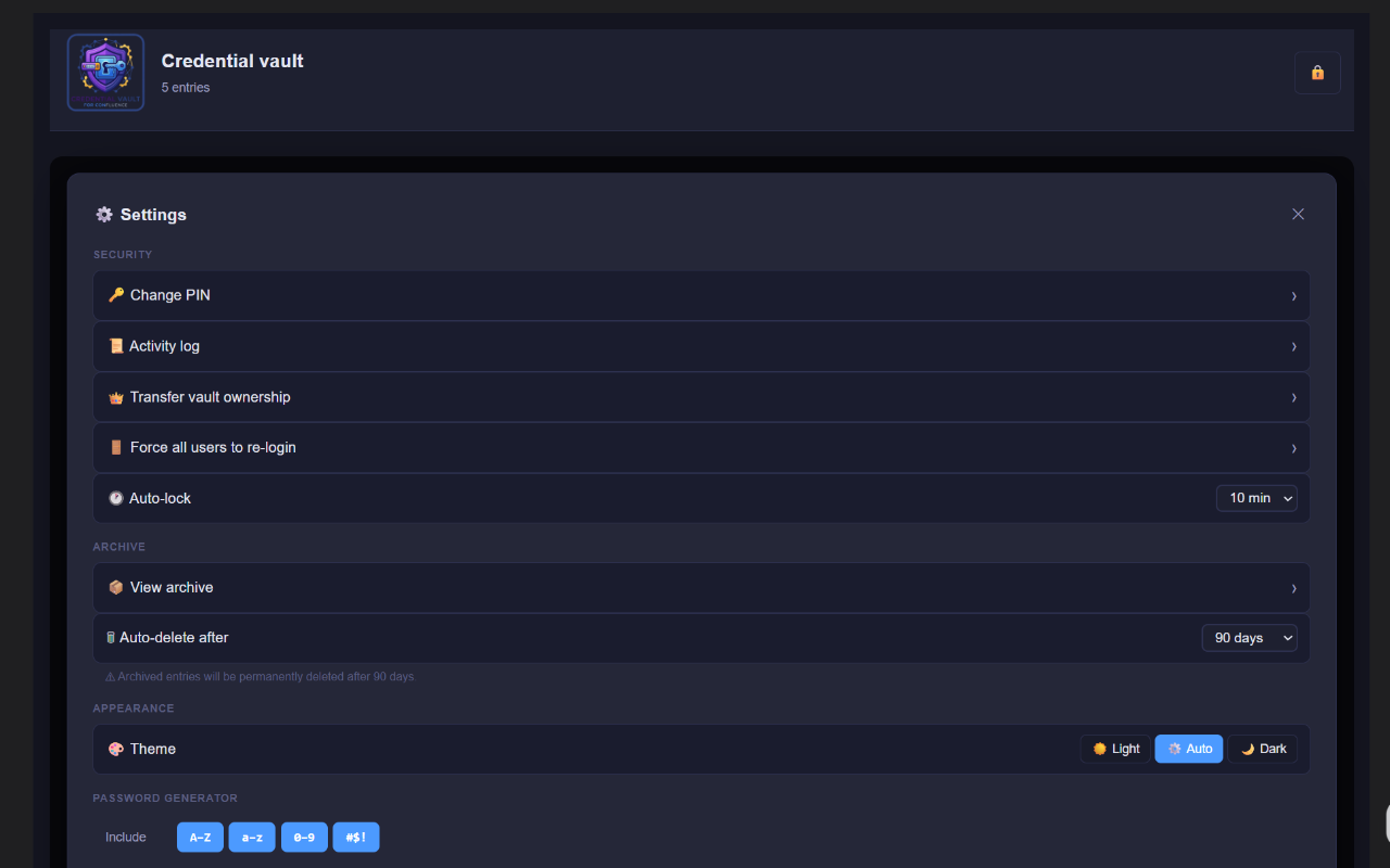 The Settings panel. Per-user preferences (theme, idle lock, password generator defaults) live here alongside owner-only controls for vault policies, audit log access, and ownership transfer.