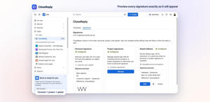 See signature formatting, line breaks, variables, and inline images exactly as they will appear, with personal → project → global fallback.
