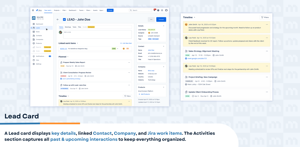 Contacts Module: View and manage Contacts with quick filters and key metrics. Contact cards connect people with the right Company, Leads, and Deals.