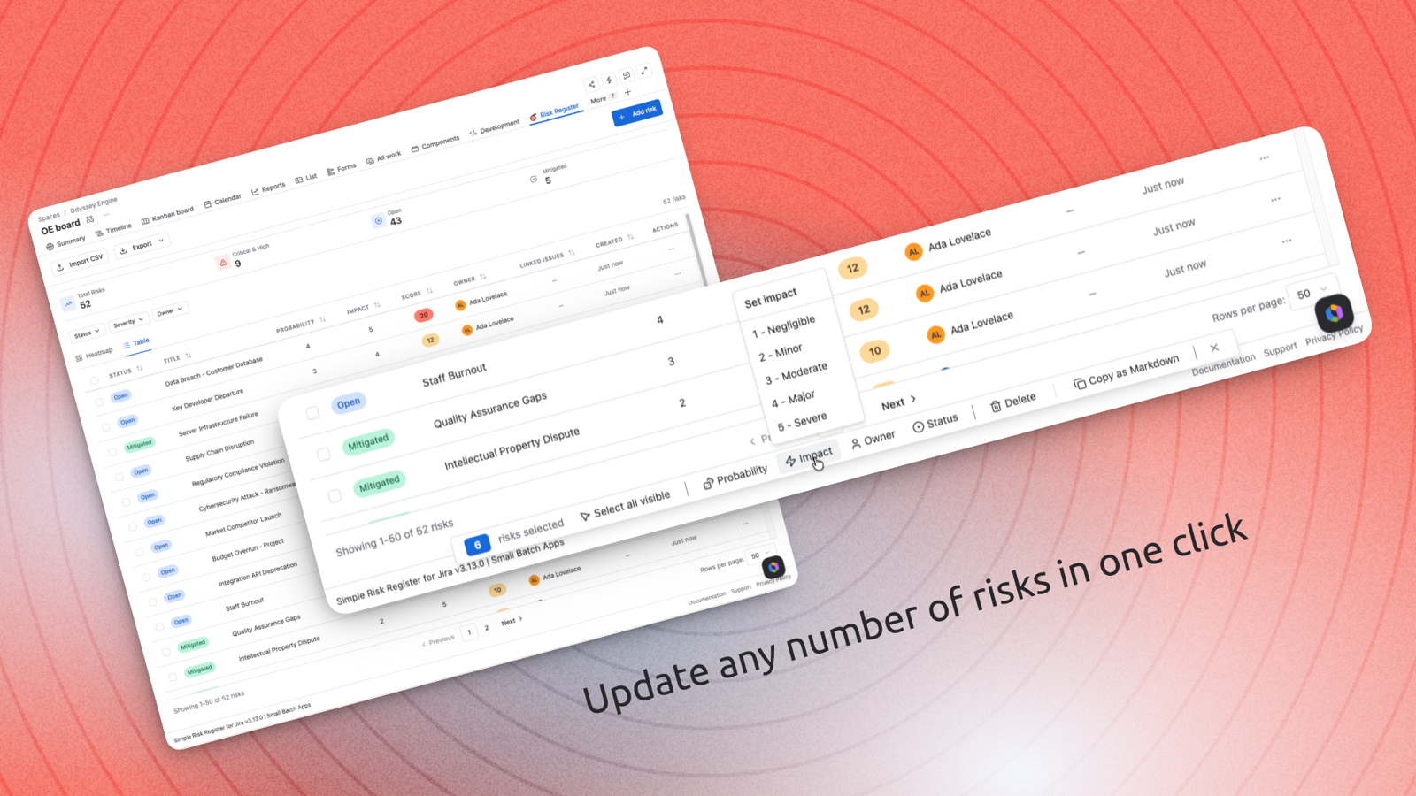 A comprehensive table view with advanced filters, sorting, and CSV export capabilities for detailed risk management.