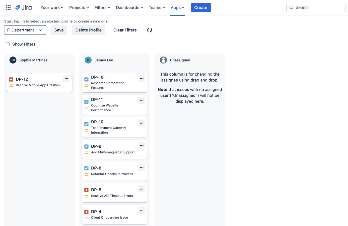 Visualize team workloads with user-based columns in Jira to balance tickets effectively.