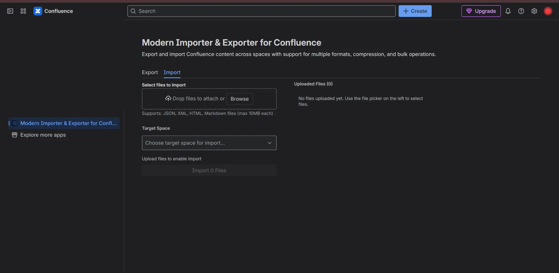 Upload files to import into space