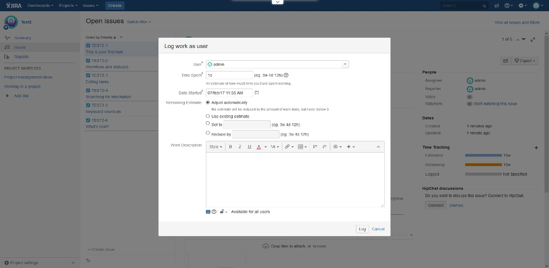 Select the user for which you want to log the work