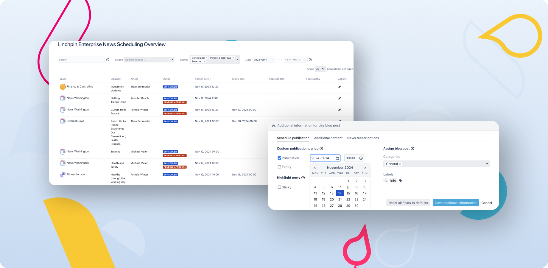Within the edit view you can set publish or expiry dates. An additional approval workflow lets you uphold your quality standards.