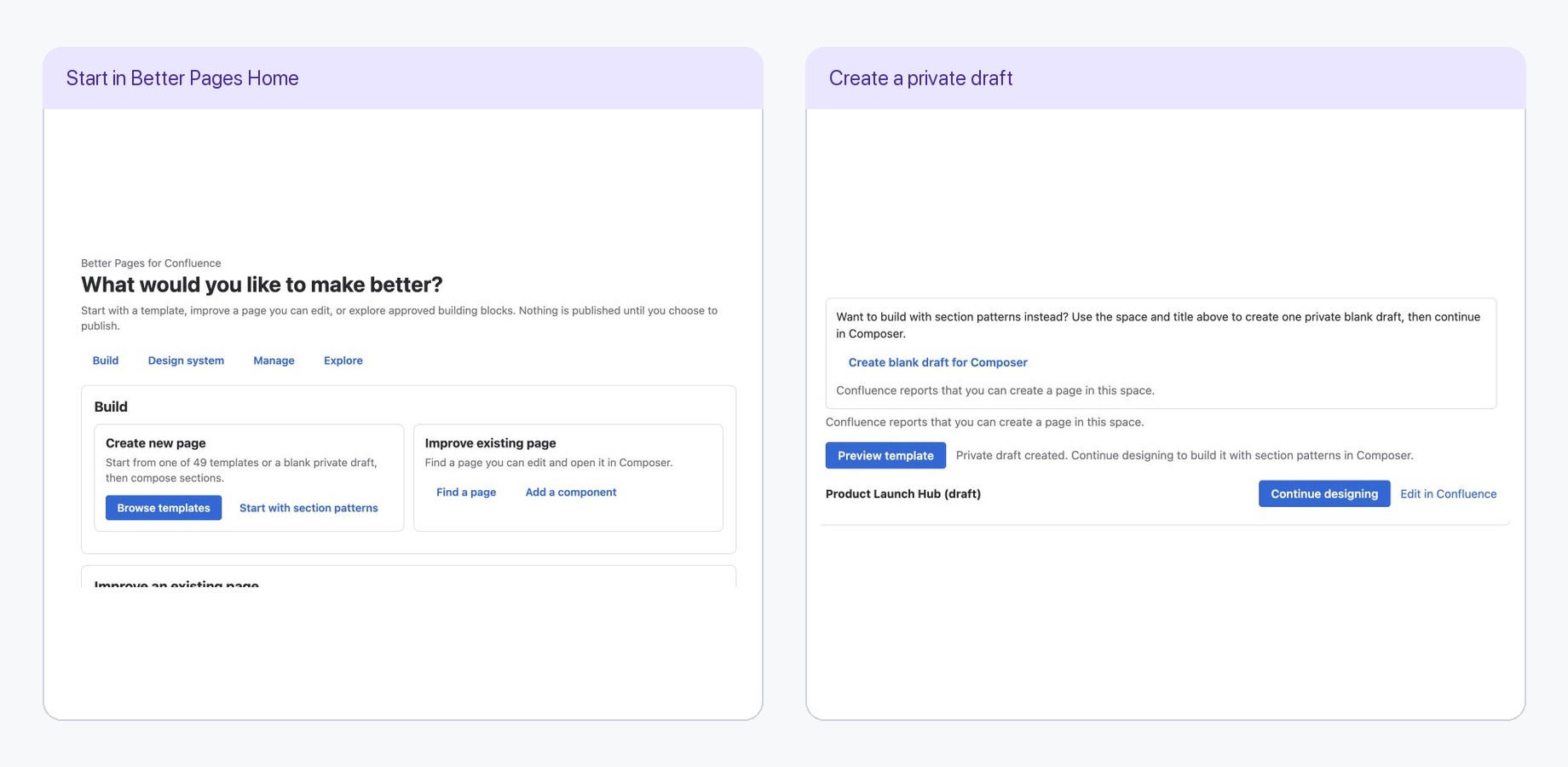 Better Pages Home creates a private Product Launch Hub draft before Composer opens.