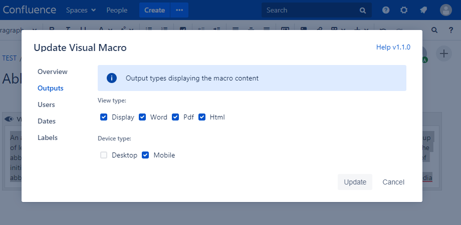 Outputs panel