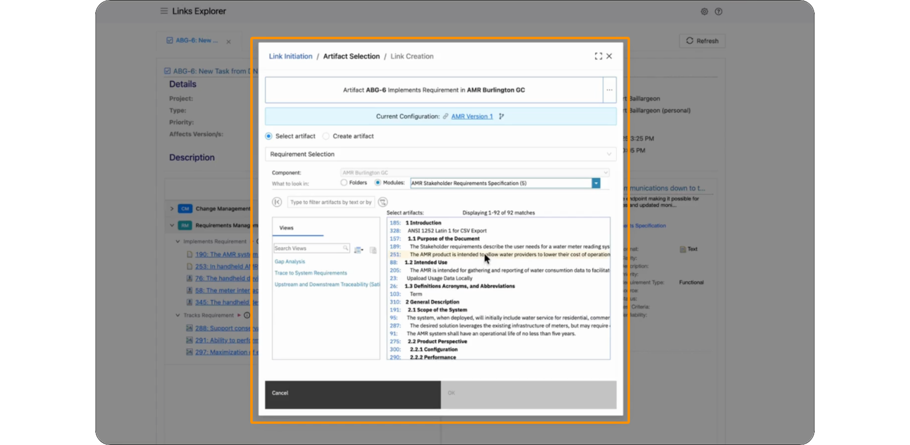 The Links Explorer lets you search and select artifacts from IBM ELM, Siemens Polarion, or Teamwork Cloud to link to any Jira work item.
