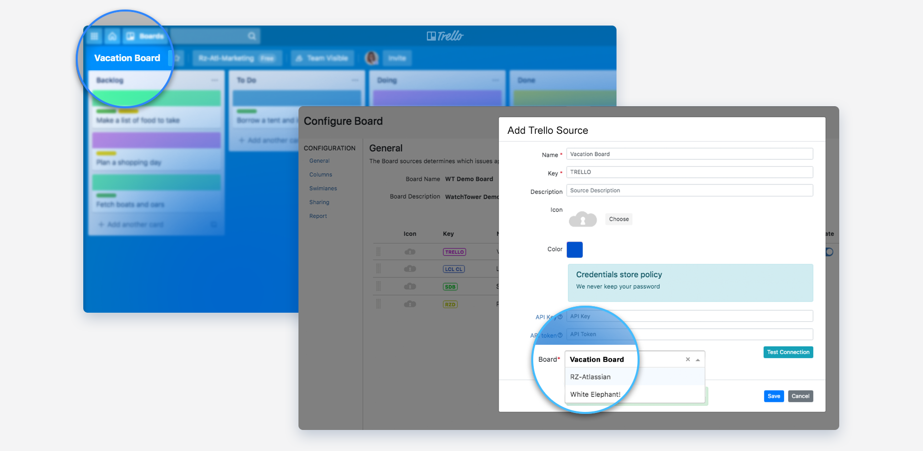 Configure Trello boards as sources to pull data from. Input API token and API key to establish a connection. Choose a board to pull data from. You can add as many Trello boards as sources as you need.