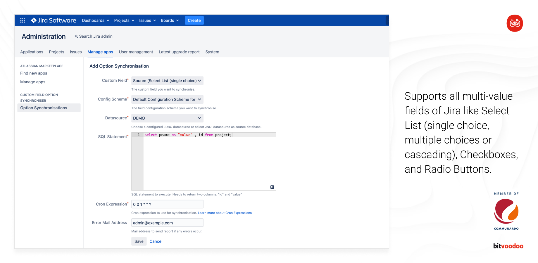 Supports all multi-value fields of Jira like Select List (single choice, multiple choices or cascading), checkboxes, and radio buttons.