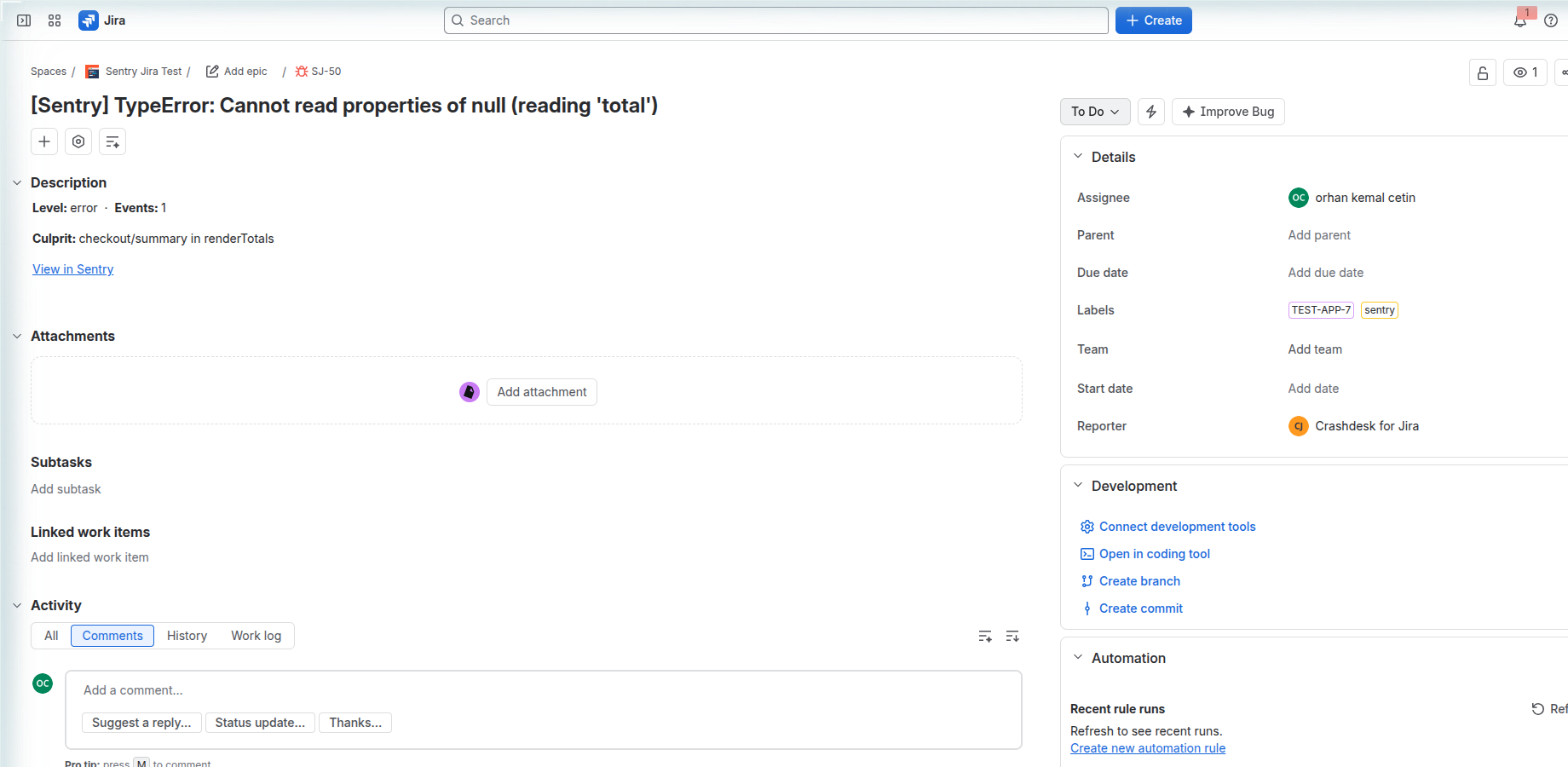 A Jira issue created from a Sentry error, with the Sentry panel beside it.