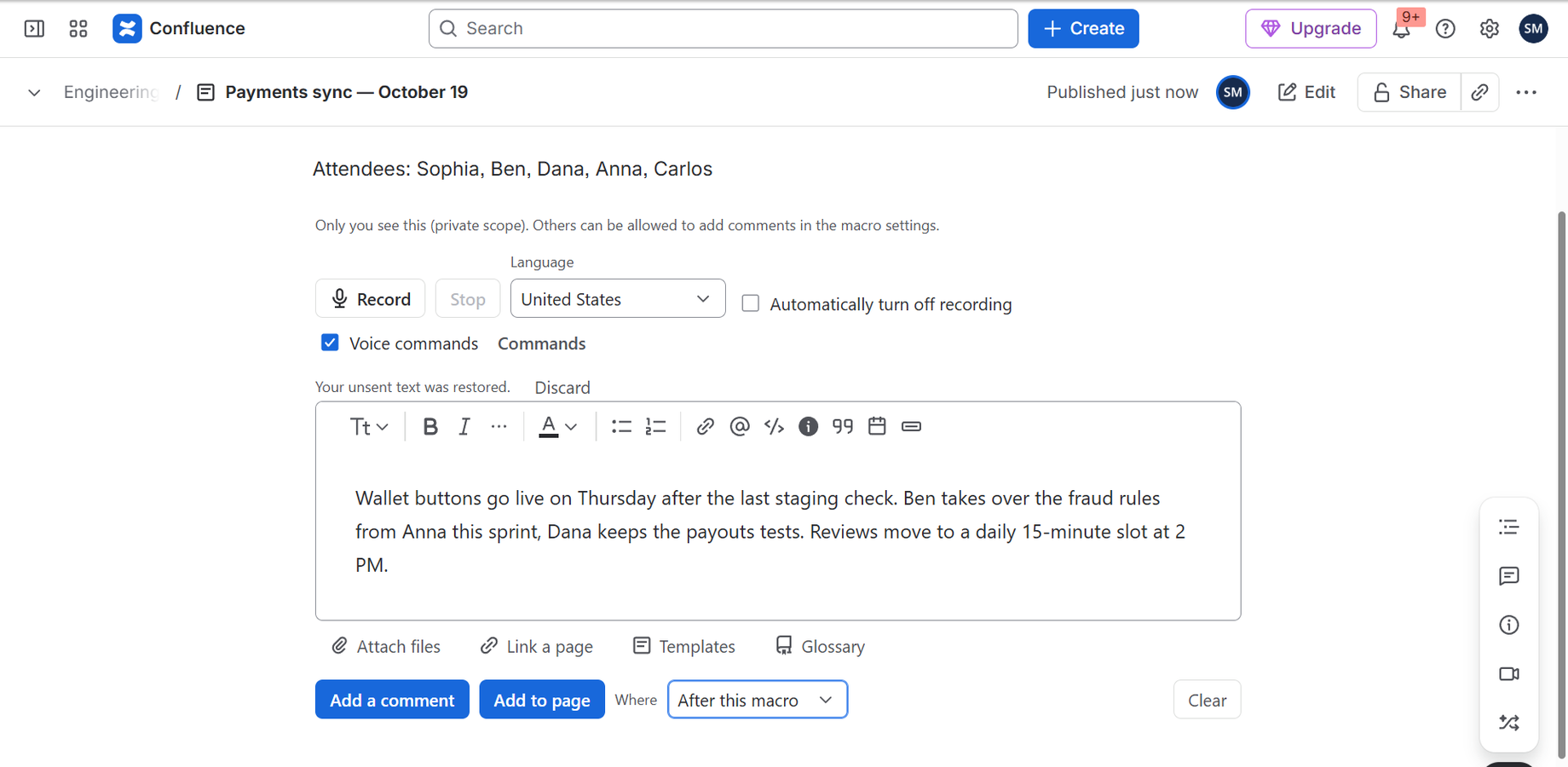 Dictated notes added to the page exactly where you want them.