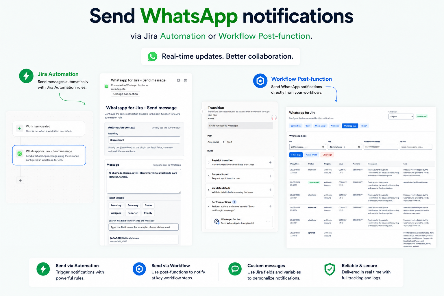 Create notification rules from Jira Automation or workflow transitions and monitor message delivery through built-in logs
