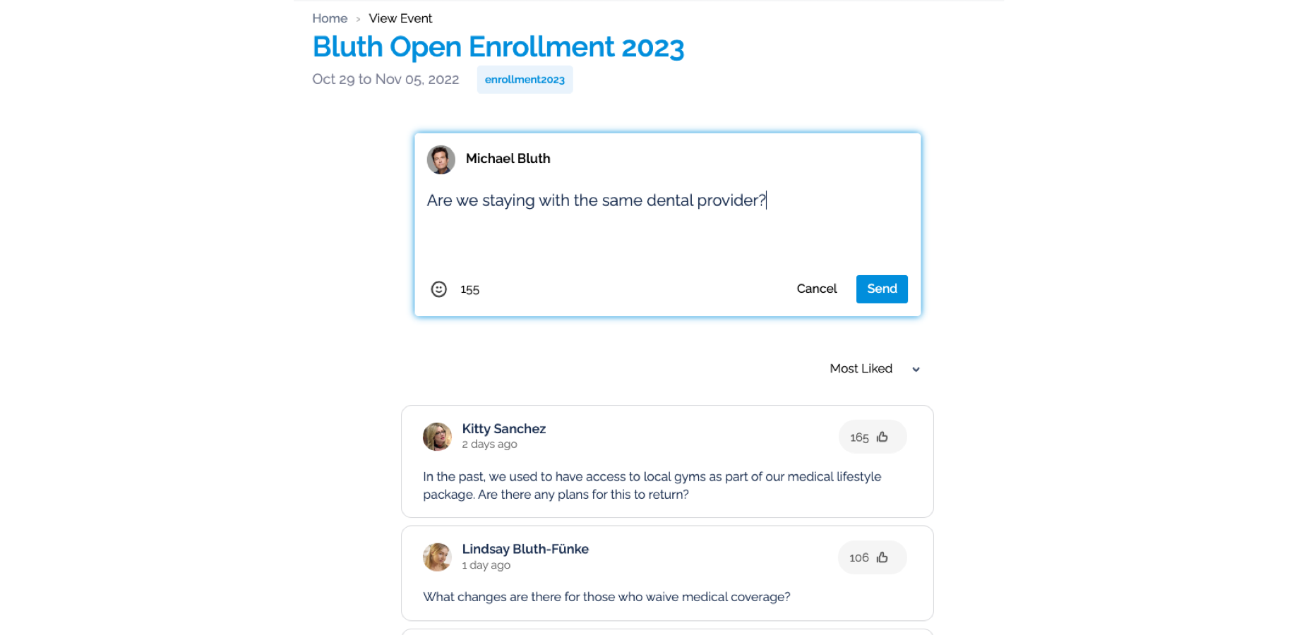 In this screenshot, you can see how Attendees can ask questions within an event, and also upvote other Attendees questions.