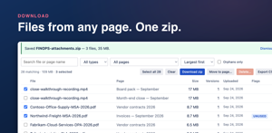 Pick files from any page and download them as one zip, a folder per page, with a CSV manifest inside. Built in your browser.
