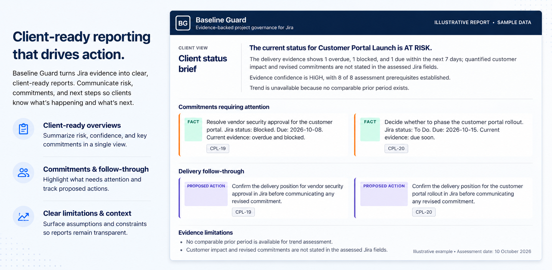Turn Jira evidence into client-ready status reporting with clear commitments, next steps, confidence, and transparent limitations.