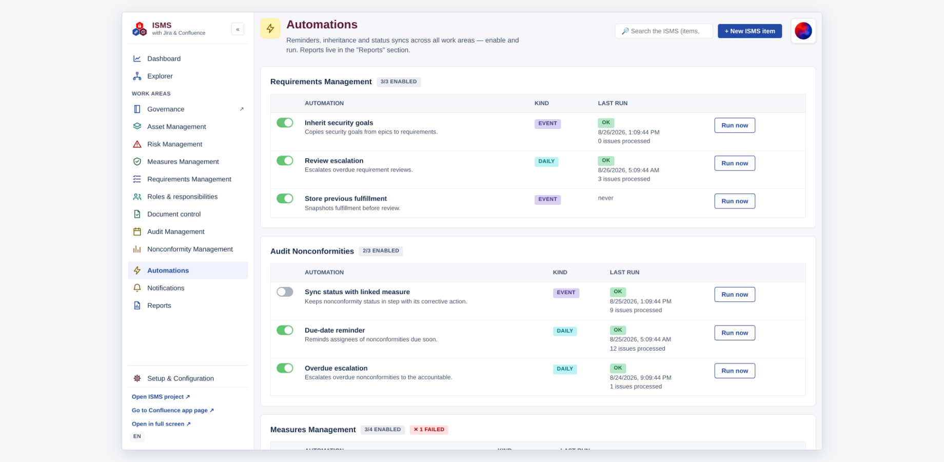 Automations: every rule can be switched on or off individually and started manually (sample data).