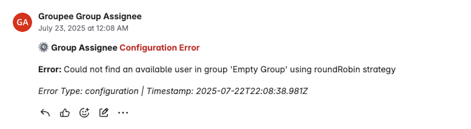 Sample error message posting as comment