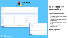 Draft test cases with AI, then review and refine them manually. Edit steps, scenarios, and formatting in a rich editor before saving to Jira, ensuring quality, accuracy, and full human control over every test case.