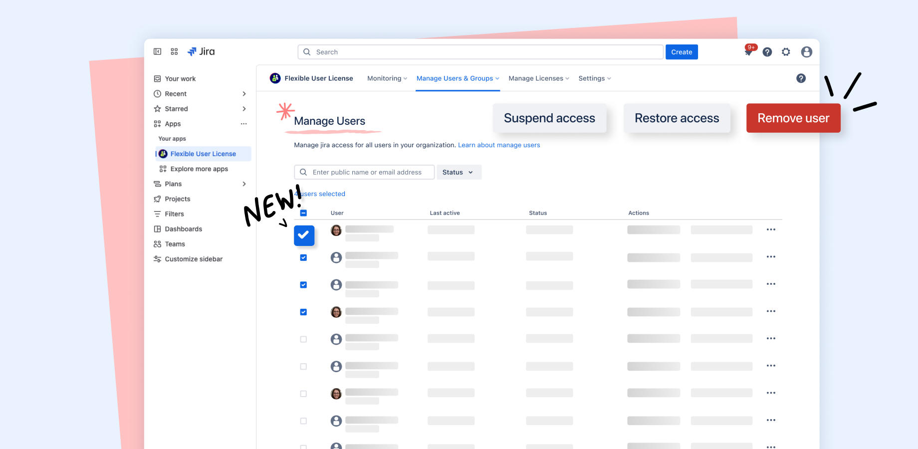 Perform bulk user management actions like removal, restoration, and suspension. The bulk select feature helps admins remove inactive users or groups efficiently, reducing workload and optimizing license usage.