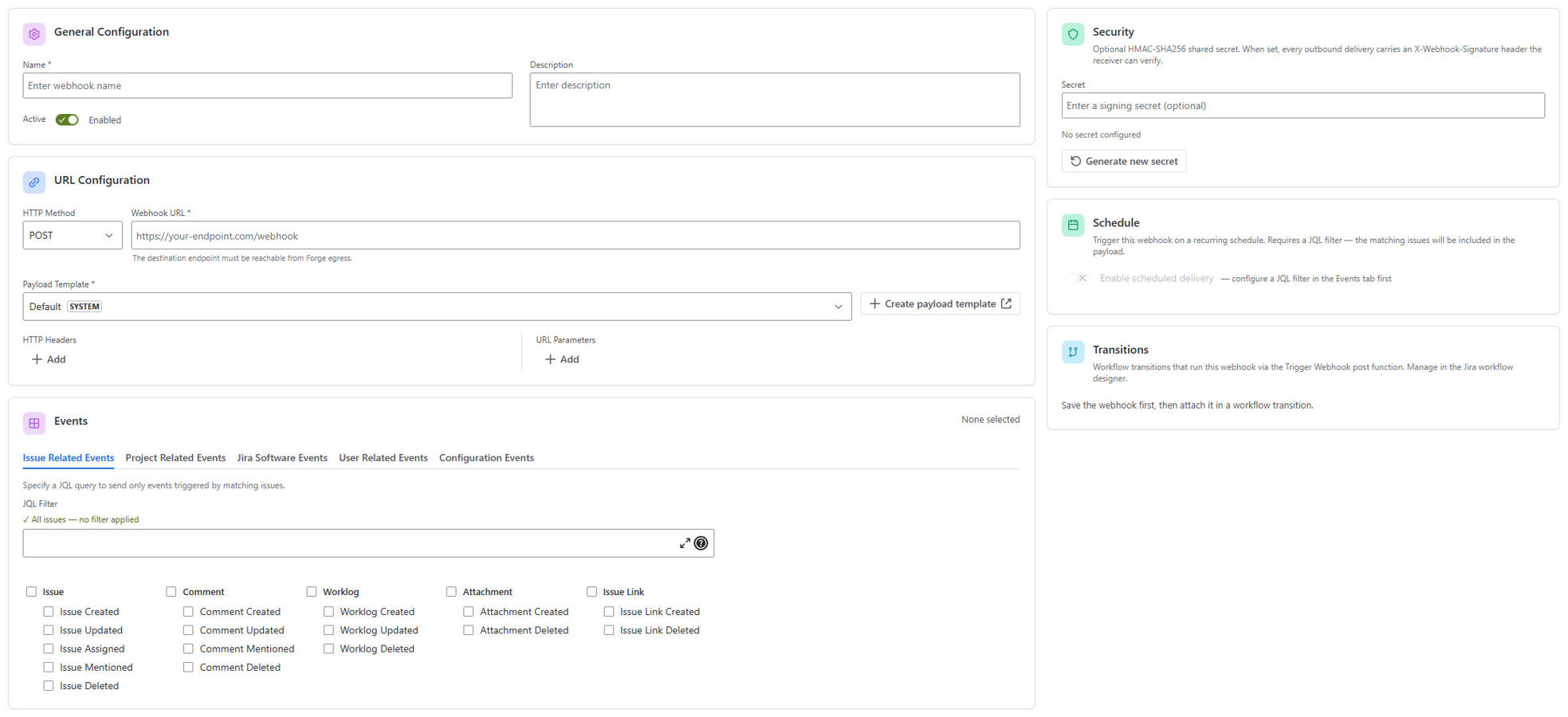 The webhook editor — HTTP method, payload template selector, headers, URL parameters, JQL-scoped event picker (Issue Assigned, Comment Mentioned, more), HMAC signing, and Quartz cron schedule on the right.